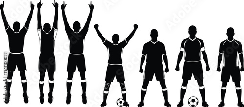 Soccer player silhouettes set with athletes celebrating, standing and posing with football, sports team characters collection for football game design vector illustration