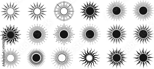 Sunburst and sunlight icons collection with vintage and decorative sun shapes set, radiant solar symbols for weather, summer design and logo elements