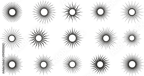 Sunburst rays icons collection with radiant sunlight shapes and vintage solar symbols set for summer design, weather graphics and decorative elements