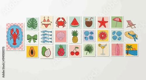 Summer Vacation Icons Collection: Tropical Fruits, Beach Elements, Seafood, and Holiday Symbols