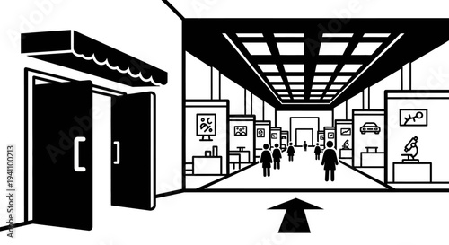 People walking in art gallery hall.