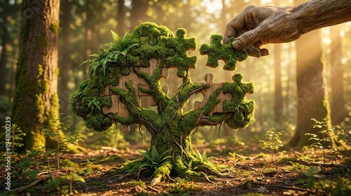 Mossy puzzle pieces form tree with hand adding final piece in forest