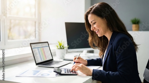 Professional businesswoman analyzing financial data in modern office