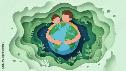 Man and child hugging earth surrounded by greenery in a symbolic embrace of love and environmental care