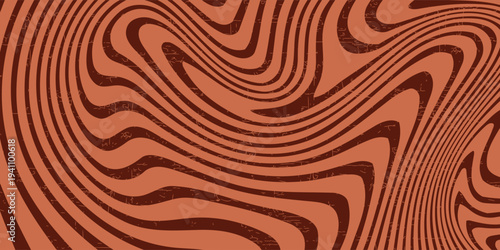 Retro coffee color background. Milk chocolate liquid dessert texture. Wavy swirl candy pattern for poster, cover, banner, pamphlet. Vintage brown trippy hippie wallpaper in 60s or 70s style. Vector