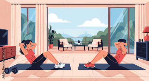 Man and woman perform sit-up exercises together on yoga mats in a bright modern living room with a scenic view.