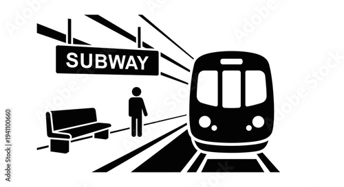 Subway train and passenger silhouette.