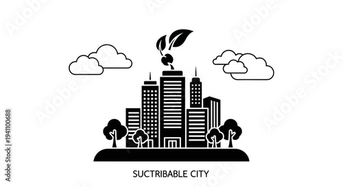 Sustainable city with green leaf tower.