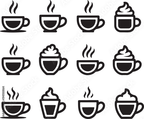 A collection of hot chocolate mug silhouette icon set. simple design black color and white background.