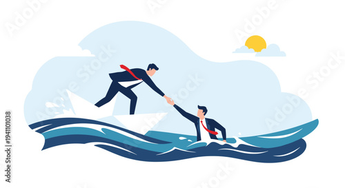 Helpful businessman standing on a white paper boat reaches out a hand to rescue a colleague from turbulent ocean waves.