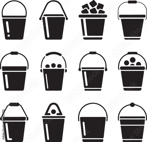 A collection of ice bucket silhouette icon set. simple design black color and white background.