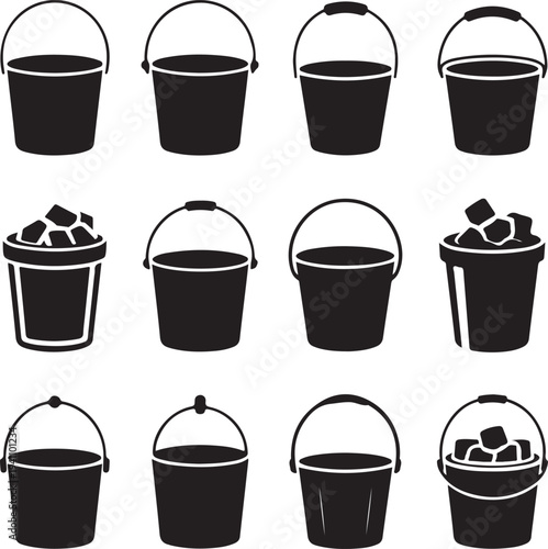 A collection of ice bucket silhouette icon set. simple design black color and white background.