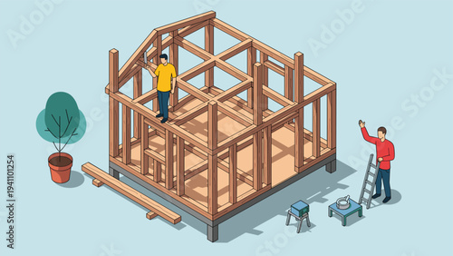 Construction workers build a wooden house frame using various tools and equipment on a site in this isometric illustration.