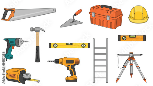 Comprehensive set of construction and carpentry tools including a saw, hammer, drill, level, and safety helmet on white.