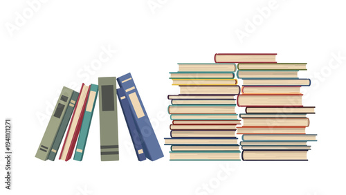 Organized rows and leaning stacks of colorful hardcover books are shown in this simple educational library illustration.