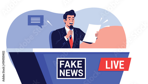 Professional male news anchor reports on camera while holding a paper script with fake news and live broadcast banners.