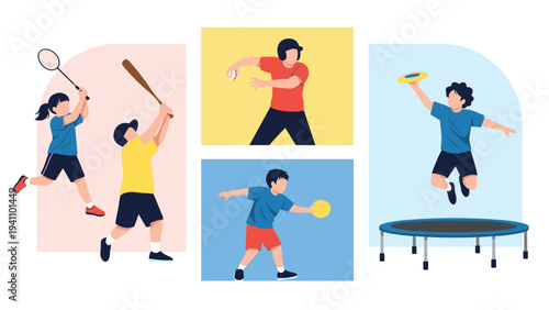 Compilation of active children participating in various sports like badminton, baseball, frisbee, and trampoline jumping.