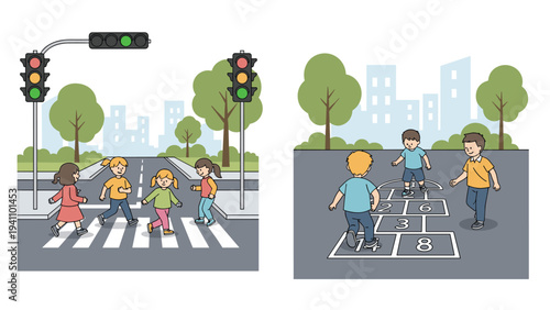 Educational illustration showing children crossing a road at a crosswalk and playing hopscotch together in a city park.
