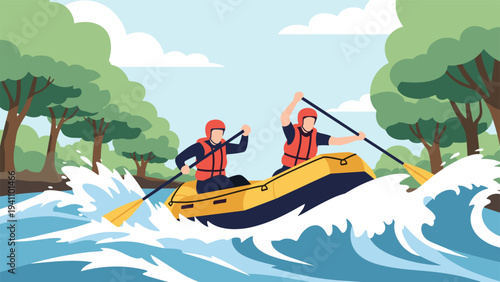 Adventurous pair of people in safety gear navigate a yellow inflatable raft through white water rapids on a forest river.