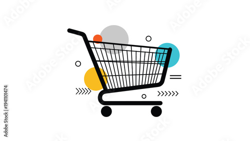 Minimalist shopping cart icon surrounded by colorful geometric shapes and design elements on a clean white background.