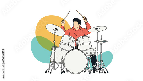 Energetic male drummer plays a full white drum set with drumsticks against a background of large colorful circles.