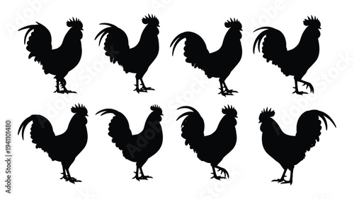 Seven black silhouettes of roosters in different poses