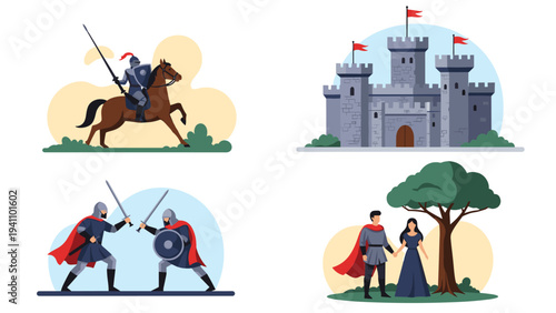 Assortment of medieval themed illustrations including a knight on a horse, a castle, fighting warriors, and a couple.