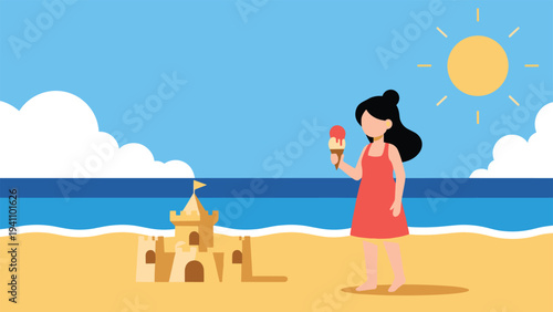 Young girl in a red dress stands on a beach near a sandcastle while enjoying a multi flavored ice cream cone in the sun.