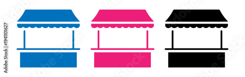 three colorful market stall vector icons. colorful vendor stand icons