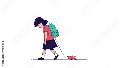 Sad schoolgirl with a blue backpack walks with her head down while dragging a small red teddy bear behind her on a string.