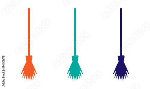 three colorful broom vector icons, cleaning set