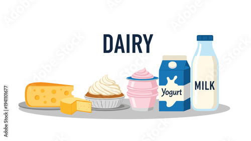Group of various dairy products including cheese, yogurt, milk, and cream displayed together under a large dairy title.