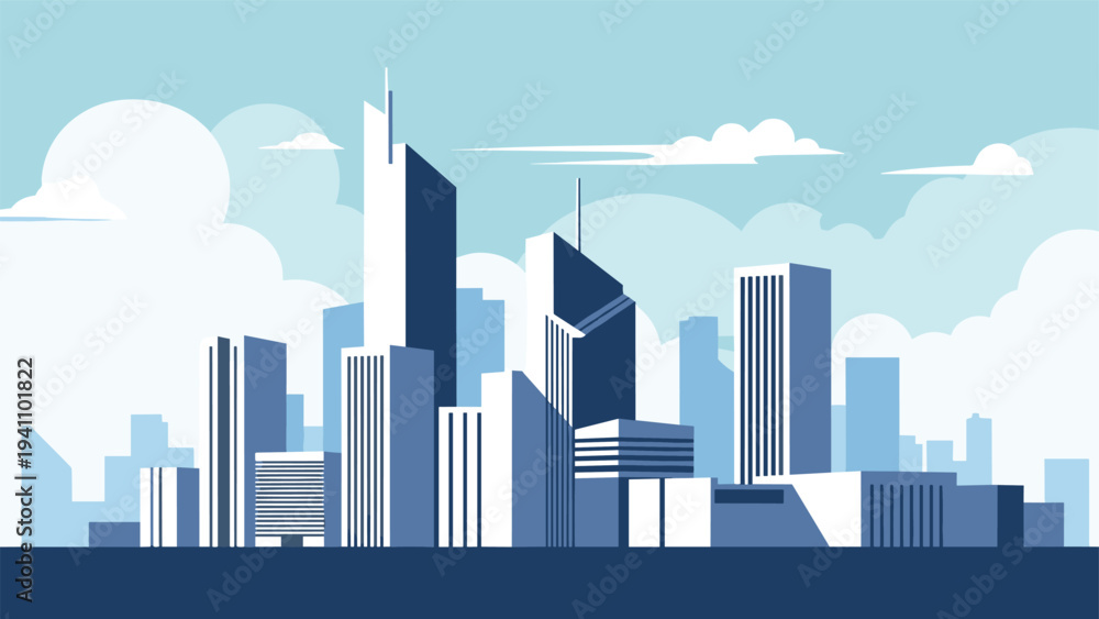 Obraz premium Modern city skyline illustration featuring various blue skyscrapers and architectural buildings under a clear sky.