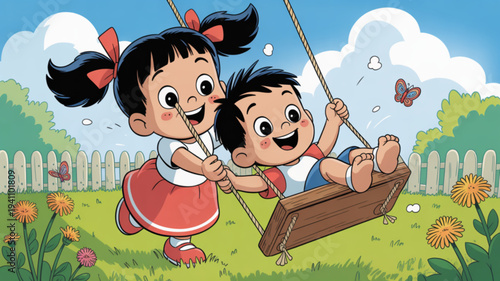 Two happy children playing on a swing set in a sunny backyard with a white picket fence