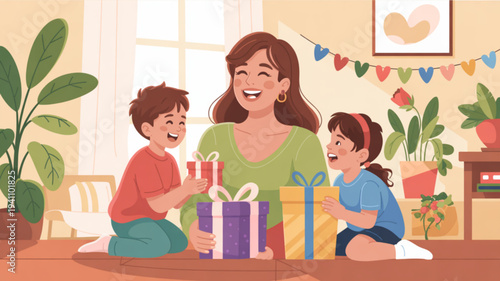 Happy family celebrating birthday with gifts in cozy living room at home with kids and mom