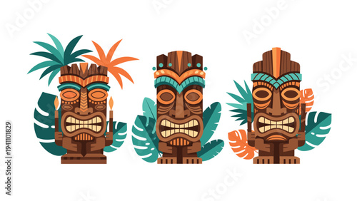 Three decorative wooden Tiki masks are displayed with tropical green and orange leaves on a simple white background.