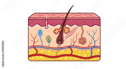 Human skin anatomy structure vector illustration, cross section of epidermis dermis and hypodermis layers