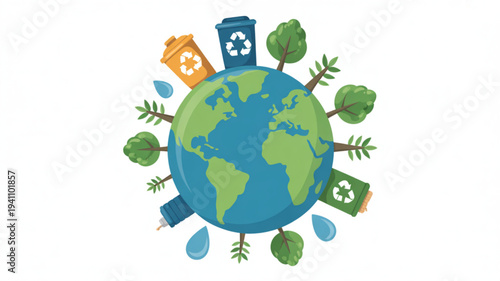 Earth with recycling symbols and eco friendly elements around it representing environmental conservation and sustainability