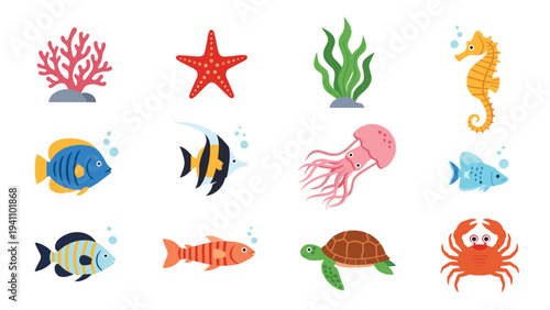 Collection of colorful sea life icons featuring various fish, coral, starfish, a jellyfish, a turtle, and a small crab.