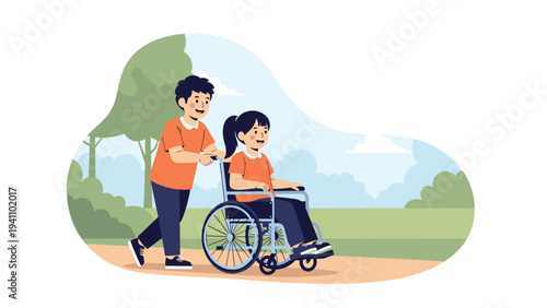 Kind young boy pushing his female friend in a wheelchair through a public park during a sunny day showing friendship and support.