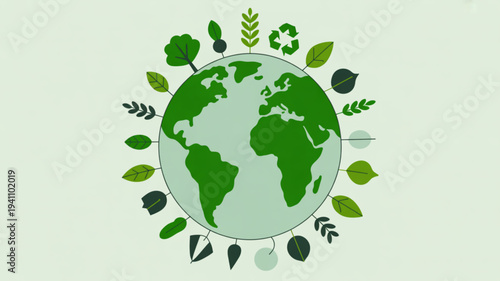 Green earth surrounded by leaves and eco friendly symbols representing environmental conservation and sustainability