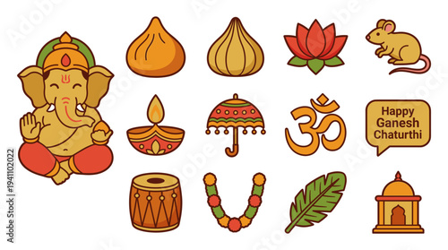 Cute happy Ganesh Chaturthi vector outlined icon set. Hindu festival elements with baby Ganesha, modak, Om symbol, drum, diya, and temple for celebration graphics.