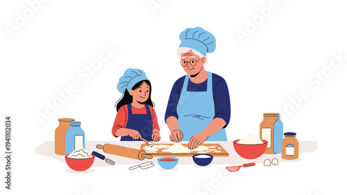 Grandmother and her young granddaughter wearing white chef hats while baking and rolling dough together in a home kitchen.