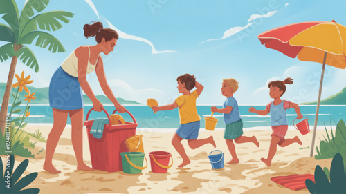 Woman and children playing on a sunny beach with sand buckets and colorful umbrella