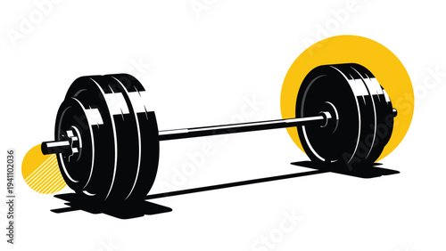 Heavy black metal barbell with weights on a white background with a yellow circle graphic representing fitness and gym training.