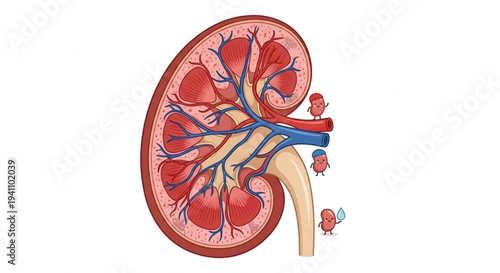 Cute kidney organ character anatomy vector illustration, clean flat design medical icon isolated on white background