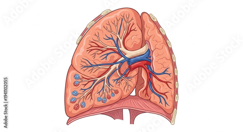 Human lungs anatomy vector illustration, respiratory system organ with bronchi and blood vessels