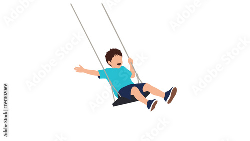 Happy young boy sitting on a swing and enjoying the feeling of freedom and height during an active outdoor play activity in a park.