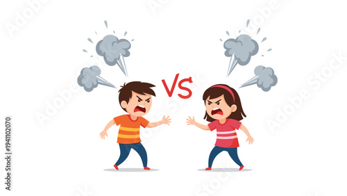 Angry young boy and girl facing each other and arguing with grey steam coming from their heads during a confrontation at school.