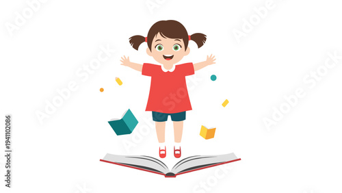 Excited young girl jumping for joy above an open book with flying school supplies and shapes representing creative learning.